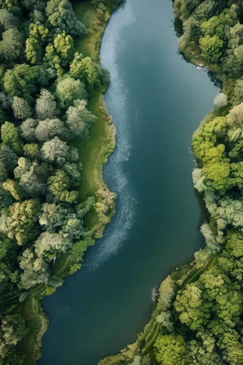 nature, day, tree, water, river, forest, traditional media, grass, bush, from above,DJI Mavic Air 2 with Built-in 24mm f-2.8