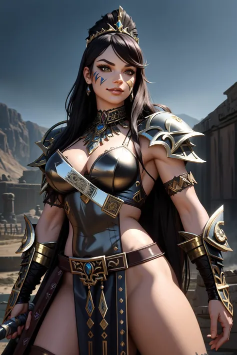 ((Masterpiece, best quality)), edgQuality,smug,smirk,
barbarian_woman, a woman dressed armor, posing for a picture,((war paint, iron tiara))
<lora:edgBarbarian_MINI:1>