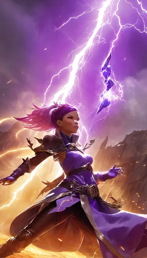 Cinematic scene, hero view, a powerful purple female mage attacks enemies with lightening attacks,action pose, masterpiece, best quality, high quality, highres, absurdres, vivid, Guild Wars 2 <lora:guild_wars_xl_v4:1>