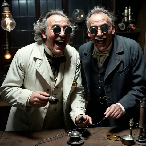 old evil scientist, man, laughing, science coat, dark experiments, electricity, victorian, dark science lab, steampunk sun glasses, dark atmosphere, Homunculus