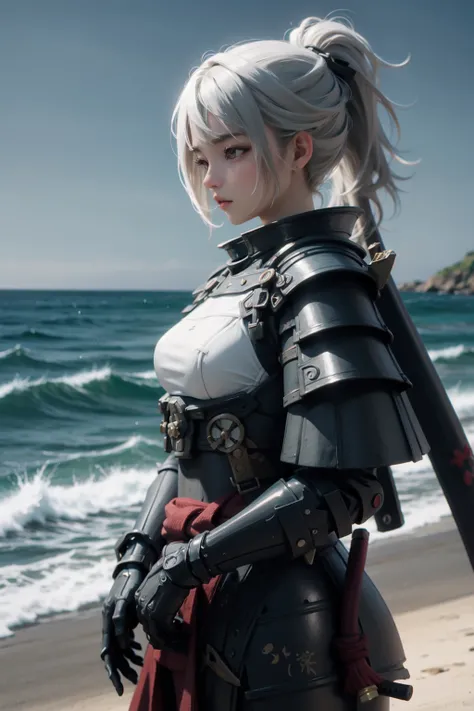 SAMURAI, armor, white background,( sea:1.2). beach <lora:Samuraibot:0.7>