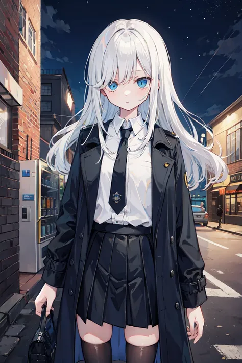 (masterpiece, best quality:1.4), 1girl, white hair, very long hair, messy hair, hair over eyes, blue eyes, (open trench coat, white shirt, black necktie, skirt, police badge, black thighhighs), vending machine, building, (street, brick wall), outdoors, (ni...