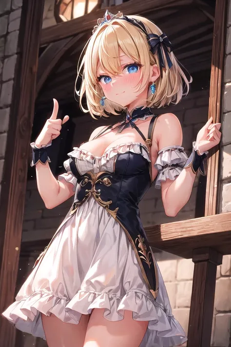 insanely detailed, absurdres, ultra-highres, ultra-detailed, best quality, 1 girl, solo, 16 years old, nice hands, perfect hands, BREAK, princess, princess dress with many frills, teara on hair, shame, embarrassed, closed mouth, standing,thumbs up, from be...