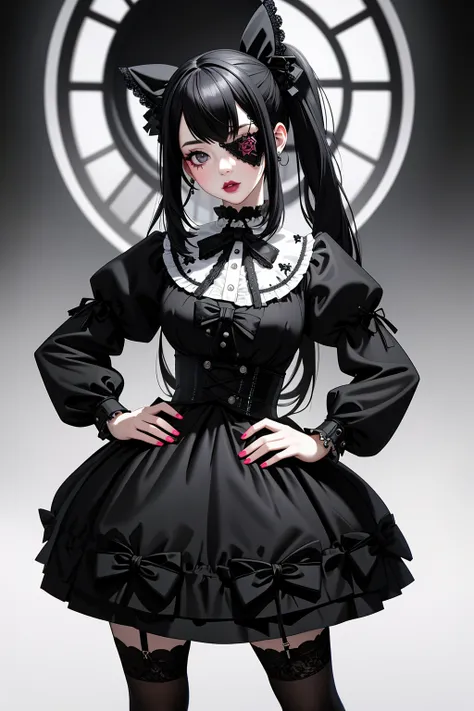 ((Masterpiece, best quality)), edgQuality,bimbo,glossy,(hands on hip)
GothGal, a woman in a black and white dress,ribbon,lace,goth print , eyepatch,woman wearing a GothGal outfit <lora:edgGothGal_MINI:1>