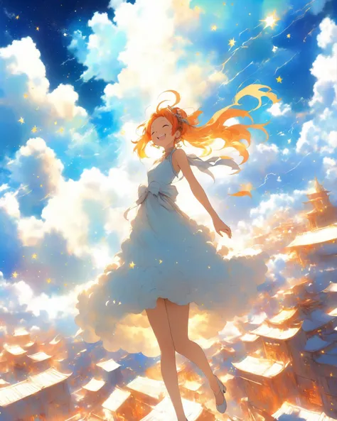 beautiful anime girl, elegant dress, smiling, celestial clouds, white rooftop, sparkcore, vibrant town