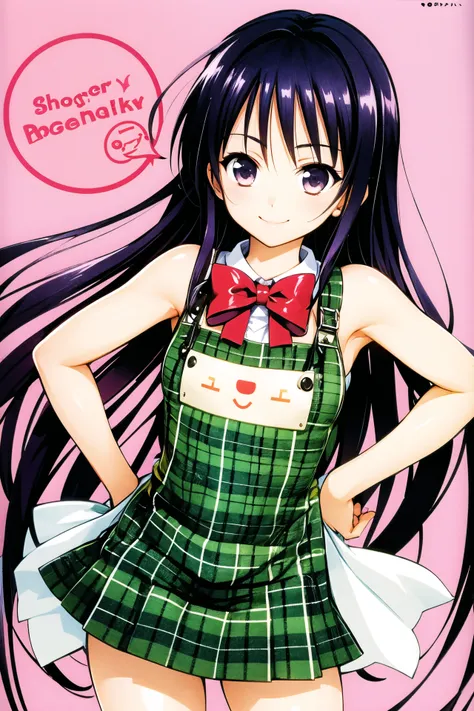 1girl,  ladle, apron, yuuki mikan, black hair, skirt, long hair, smile,hand on hip, plaid, spiked hair, bare shoulders, <lora:ya...