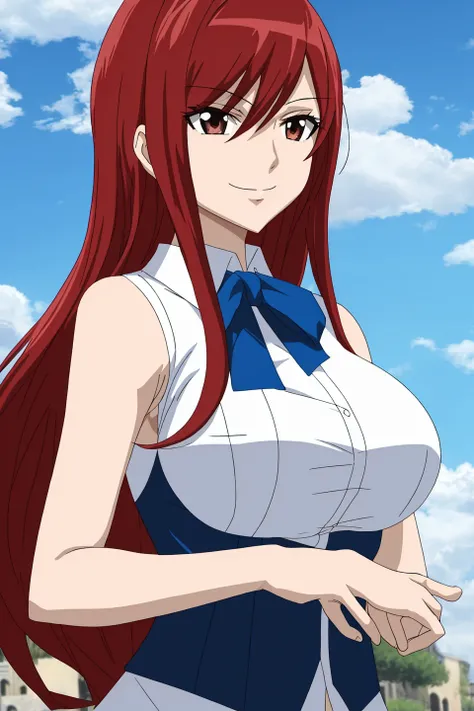 erza, fairy tail, anime art style, 1girl, solo, long_hair, breasts, large_breasts, shirt, ribbon, brown_eyes, upper_body, red_hair, outdoors, sky, sleeveless, day, cloud, blue_sky, smile