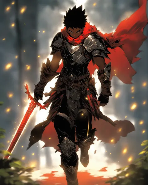 weapon, armor, sword, solo, 1boy, gauntlets, male focus, (holding sword:1.2), cape, holding weapon, holding, planted, glowing, full armor, greaves, black armor, shoulder armor, torn clothes, standing, fur trim, red cape, glowing weapon, breastplate, plante...