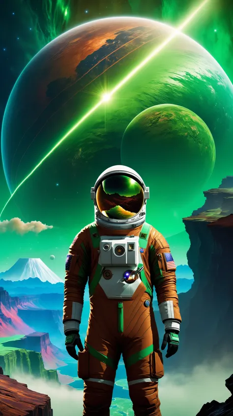 cartoon for kids style, A cinematic front facing close up portrait of a 25 year old Japanese male wearing astronaut suit, (Dense thick brown and green color atmosphere:1.2), Staring into the abyss, Colossal mountains and ridges, Chasm, Methane lakes, Grand...