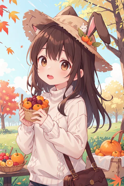 1girl,outdoors,hat,autumn leaves,white sweater,long hair,black hair,food,fruit,animal ears,rabbit,solo,sweater,autumn,holding,tree,leaf,long sleeves,rabbit ears,bangs,day,brown eyes,maple leaf,animal,looking at viewer,blush,cable knit,holding food,open mou...