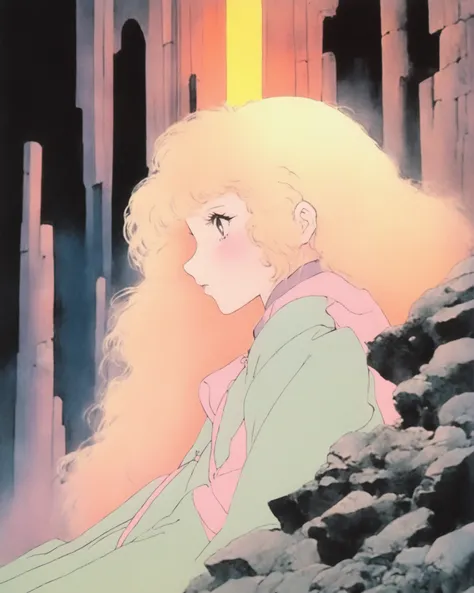 80s anime still, a beautiful girl in a mysterious dungeon, dark fantasy, anime retro, muted pastel colors, by Tsukasa Hojo and Toshihiro Kawamoto