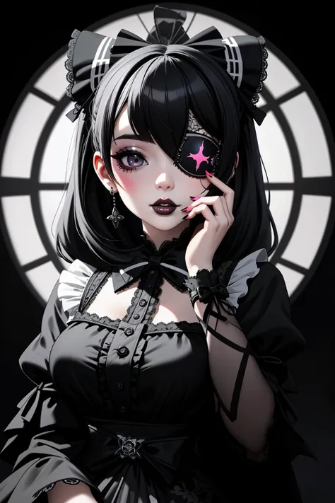 ((Masterpiece, best quality)), edgQuality,bimbo,glossy,
GothGal, a woman in a black and white dress,ribbon,lace,goth print , eyepatch,woman wearing a GothGal outfit <lora:edgGothGal_MINI:1>