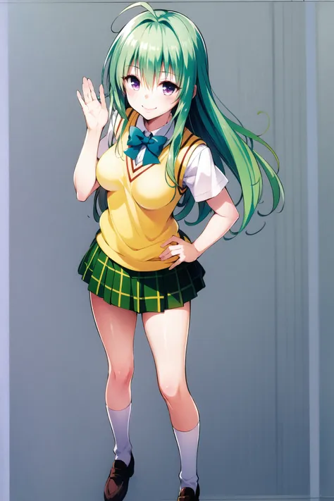 1girl, run elise jewelria, solo, skirt, school uniform, green hair, smile, v, sweater vest, socks, loafers, long hair, shoes, pl...