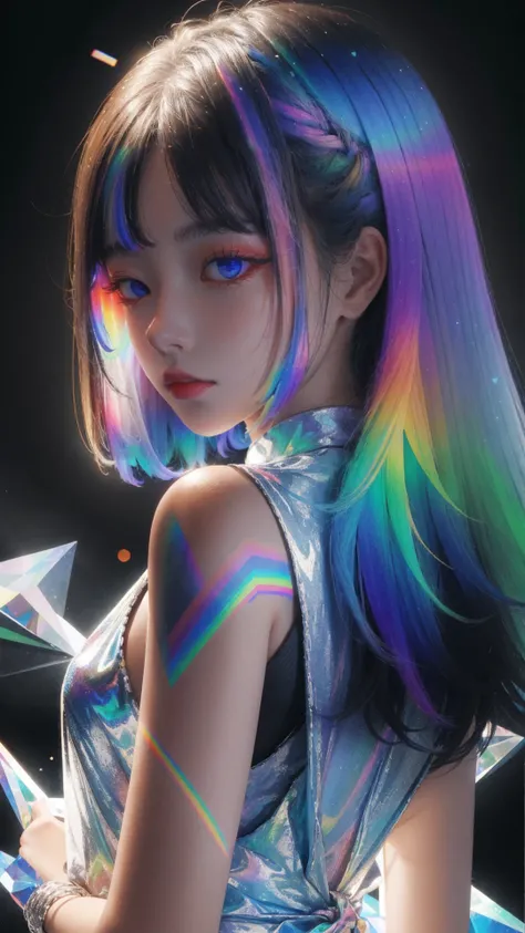 masterpiece, best quality,highres, 1girl, tall, perfect stature, white dress, fashion pose, bangs, look back, <lora:liuli:0.7>, chromatic dispersion,metallic_lustre, tansparent_plastic, coloured glaze, Polychromatic prism effect, rainbowcore, iridescence/o...