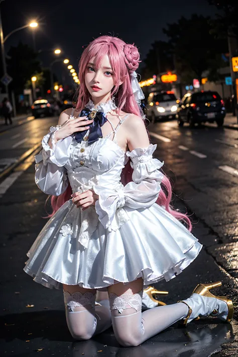 best quality, masterpiece, realistic, photorealistic, 1girl, solo, looking at viewer, full body, kneeling, dorothy costplay costume, cosplay, hair bun, white dress, detached sleeves, white thighhighs, high heel boots, detailed background, in street, night,...