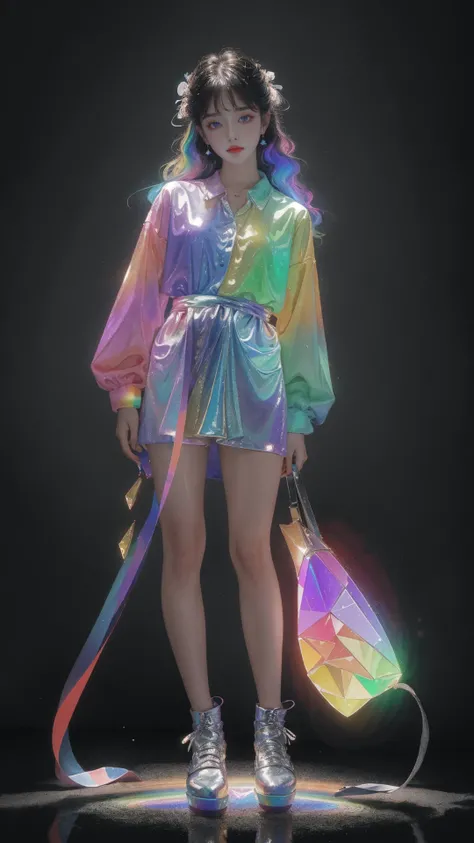 masterpiece, best quality,highres, 1girl, perfect stature, fashion pose, bangs, <lora:liuli:0.6>, chromatic dispersion,(metallic_lustre:0.8), (tansparent_plastic:1.3), coloured glaze, Polychromatic prism effect, rainbowcore, iridescence/opalescence, glowin...