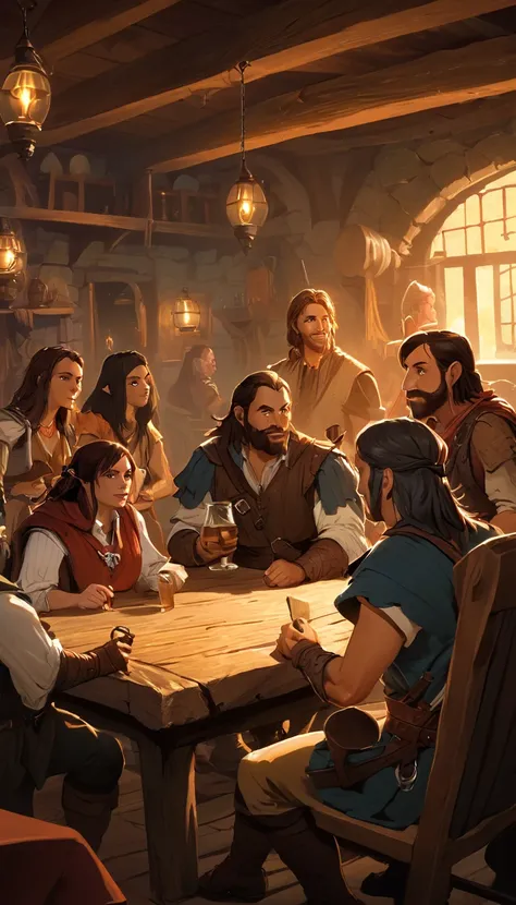 Cinematic scene, a group of adventurers in a tavern, discussing their latest quest and the challenges they faced along the way., detailed background, masterpiece, best quality, high quality, highres, absurdres, vivid, Dungeons and Dragons <lora:dungeons_an...