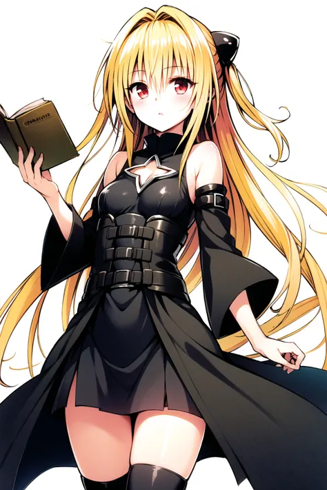 konjiki no yami, 1girl, solo, long hair, blonde hair, book, thigh strap, detached sleeves, very long hair, red eyes, white backg...