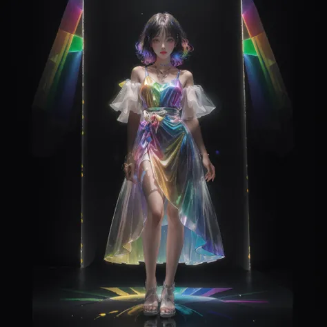 masterpiece, best quality,highres, 1girl, tall, perfect stature, liuli,<lora:liuli_20230828183428:0.6>,full body, bangs, chromatic dispersion,metallic_lustre, (tansparent_plastic:1.4), coloured glaze, Polychromatic prism effect, rainbowcore, iridescence/op...