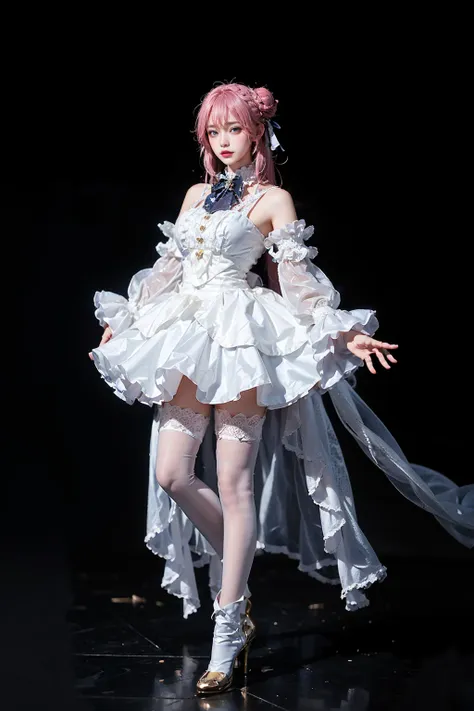 best quality, masterpiece, realistic, photorealistic, 1girl, solo, looking at viewer, full body, standing, dorothy costplay costume, cosplay, hair bun, white dress, detached sleeves, white thighhighs, high heel boots, detailed background, <lora:nikke_dorot...