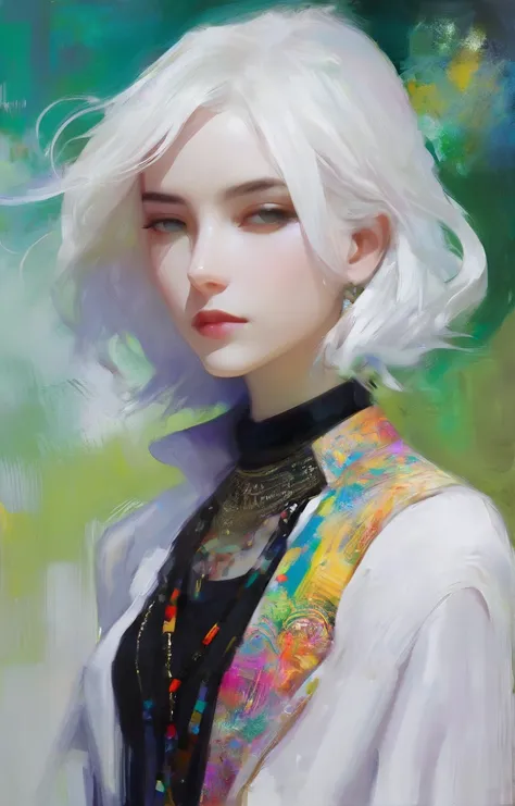 (style by nty:1.4), a woman, black shirt, white hair, intricate, colorful, <lora:oilpaint:0.7>