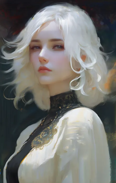 (style by nty:1.4), a woman, black shirt, white hair, intricate, dark, <lora:oilpaint:0.7>