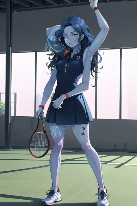 Highly detailed, High Quality, Masterpiece, beautiful, 1girl, solo, Ranni, wavy hair, blue skin, cracked skin, extra arms, extra faces, <lora:RanniV3:1>, tennis outfit, tennis racket, tennis court, furrowed brow, sneakers, standing, holding tennis racket