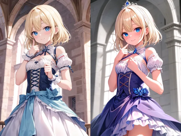 insanely detailed, absurdres, ultra-highres, ultra-detailed, best quality, 1girl, solo, 16 years old, nice hands, perfect hands, BREAK, princess, princess dress with many frills, teara on hair, happy smile, laugh, closed mouth, standing,thumbs up, from bel...