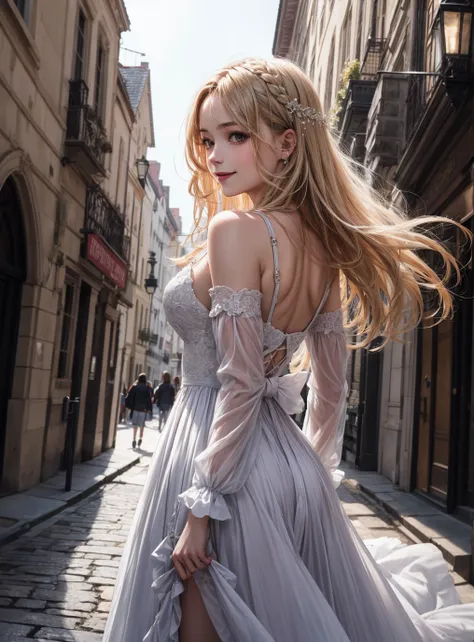 (masterpiece, best quality), (absurdres), (ultra detailed, 8K, ultra highres:1.2), European girl, blonde long hair, cinematic, (dynamic pose:1.2), looking back, dress, outdoor, smile, shot from below, BREAK portrait <lora:more_details:0.6>