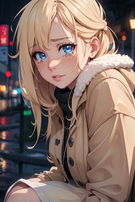 Beautiful depressed and crying young blond woman sitting outside in the cold rain, unreal engine 5 rendered, incredibly highly detailed and realistic, 8 k, sharp focus, studio quality, 8k, high quality, high resolution, 4k, hd, (well designed face), amazin...