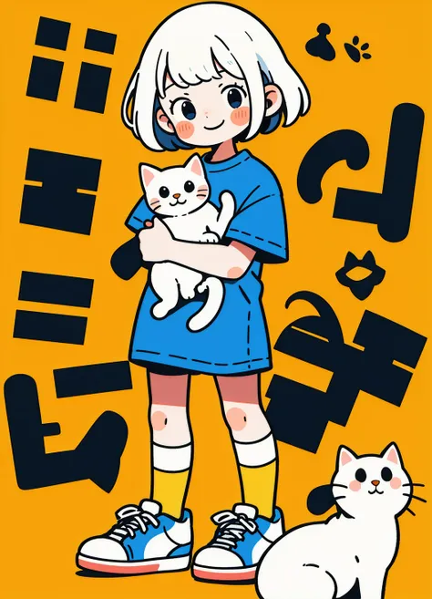 cute comic, 1girl, shirt, yellow shirt, shoes, yellow background, white hair, solo, short sleeves, blue footwear, short hair, simple background, cat, smile, holding, socks, standing, full body, looking at viewer, white cat, white socks, bangs, signature, h...