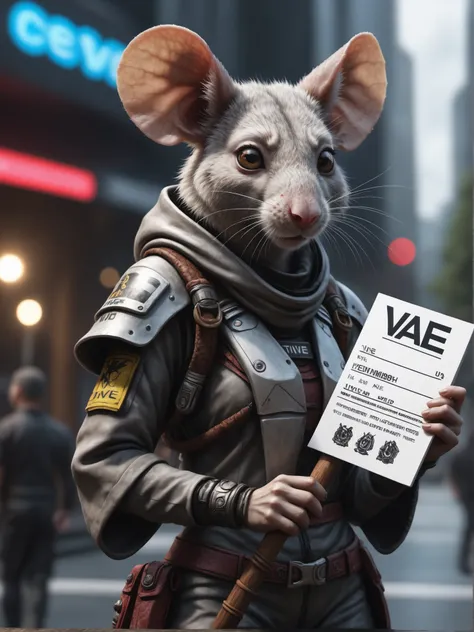 a cyberpunk mouse woman  holding a sign "VAE" Flagg, detailed photo, detailed, realistic, 8k uhd, high quality