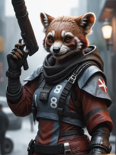 a cyberpunk red panda woman  holding a "VAE" Flagg, detailed photo, detailed, realistic, 8k uhd, high quality