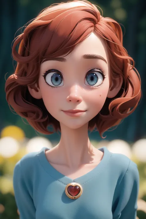 capture the essence of a 30-year-old woman through a portrait shot, shot with a 50mm f1.2 lens, in the beloved pixar animation s...