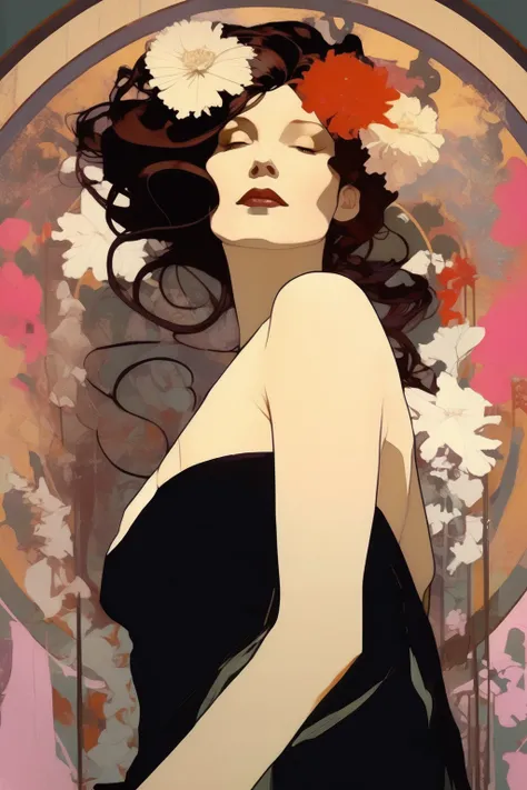 <lora:alphonse mucha style:1>alphonse mucha style - ultra hd, stunning laetitia casta as flowers widow in art nouveau style, des...