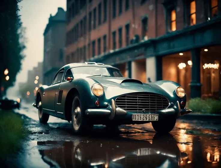 a photo of a dieselpunk sports car, 3/4 front view, survival, post-apocalyptic, cyberpunk, outdoors, ((night)), destruction, urban decay, reflective puddles masterpiece, overgrown city