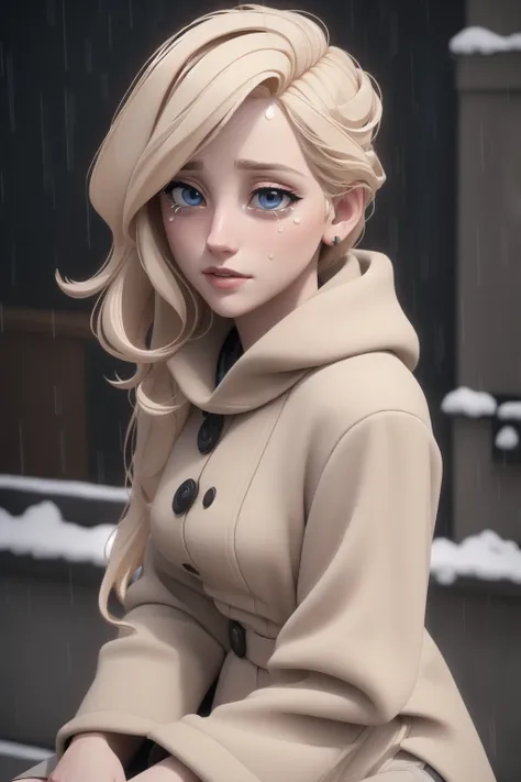 beautiful depressed and crying young blond woman sitting outside in the cold rain, unreal engine 5 rendered, incredibly highly d...