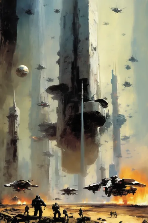 John Berkey Style - cience fiction war. The planetary defenses are down. Monstrous beings bring weapons. Armies of soldiers. Epic. John Berkey