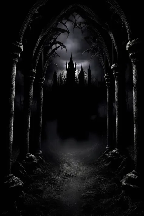 <lora:Dark Fantasy:1>Dark Fantasy - Gothic scene pure black background with a bit of scary atmosphere dark shadow