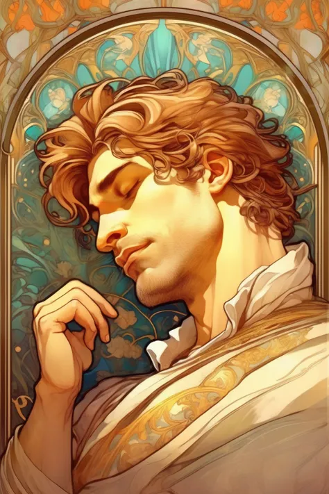 <lora:alphonse mucha style:1>alphonse mucha style - handsome thirty-something sleeping prince in the style of alphonse mucha