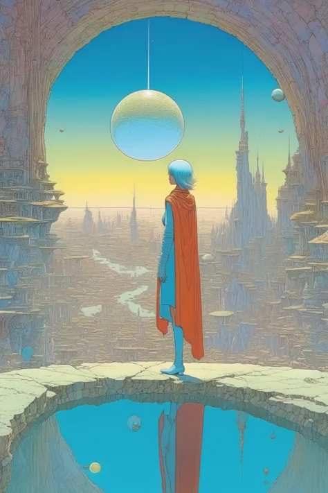 <lora:Moebius (Jean Giraud) Style:1>Moebius (Jean Giraud) Style - In the unpublished and breathtaking image from the Arzach album by Moebius, the essence of the Masters artistry shines through with remarkable clarity. in the foreground a mystical and beaut...