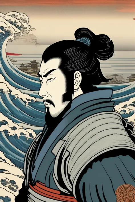 <lora:Ukiyo-e Art:1>Ukiyo-e Art - Portrait noble faced ronin samurai black hair wearing armor looking towards the horizon waves in the backround Illustrated