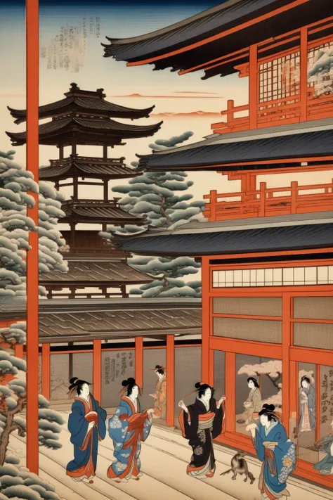 <lora:Ukiyo-e Art:1>Ukiyo-e Art - ukiyo-e Japanese isometric woodblock painting of architecture with tatami, screens, beams, and arches with women and animals and sky