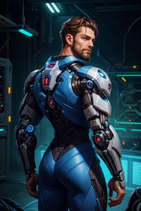 male cyborg with glowing mechanical parts, intricate mechanical details, glowing mechanical joints, wire, cable, science fiction, headshot portrait, upper chest, futuristic fantasy background, sleek futuristic design, looking at viewer, beard, from behind,...