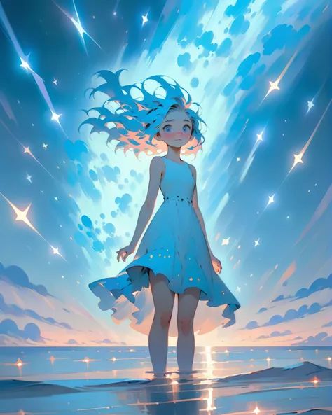 1girl, gorgeous, delicate, blue hair, wearing light blue dress, barefoot, looking up into sky, standing in sea, perfect face, beautiful eyes, sky is galaxy and stars, twilight, shooting meteorites, longing