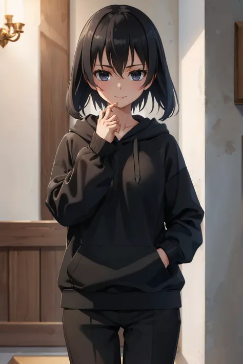 (masterpiece, best quality:1.2), cowboy shot, solo, 1girl, kurome, smile, looking at viewer, hand in pocket, black hoodie, hood ...