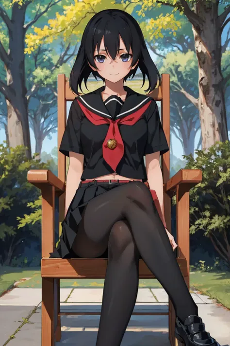 (masterpiece, best quality:1.2), solo, 1girl, kurome, smile, looking at viewer, sitting, crossed legs, chair, school uniform, bl...