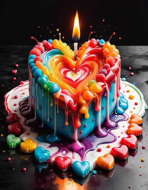 a melting candle made of gumdrops in the shape of a heart <lora:SDXLPaintSplash:0.7> Colorsplash 8k, high quality, photo, extreme surrealism
