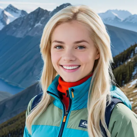 a photo of 3lsaj3an, blonde woman, on a mountain, wearing a jacket, smile, best quality, detailed skin <lora:elsajean_sdxl:0.9>