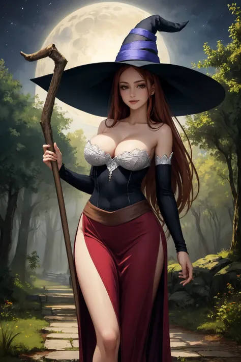 masterpiece, best quality,  <lora:dcsorceress-nvwls-v1-000009:0.9> dcSorc, witch hat, strapless dress, detached sleeves, large breasts, whole body, standing, forest, night, holding staff, looking at viewer, smile, tired